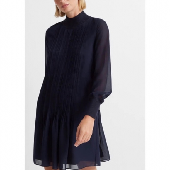 NWT Club Monaco Navy Blue Mockneck Pintuck Dress 00 - Picture 2 of 3